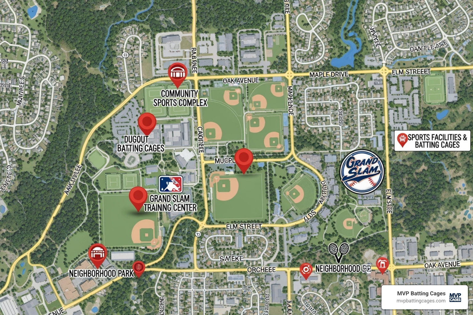 map with pins showing local sports facilities - pitching clinics near me baseball