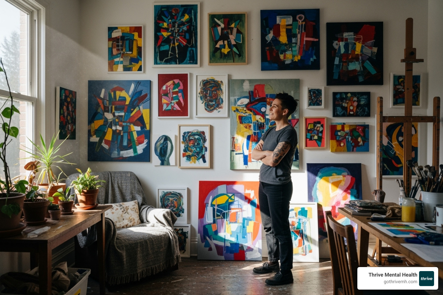 person looking proudly at a wall of their own colorful artwork - art therapy activities for anxiety
