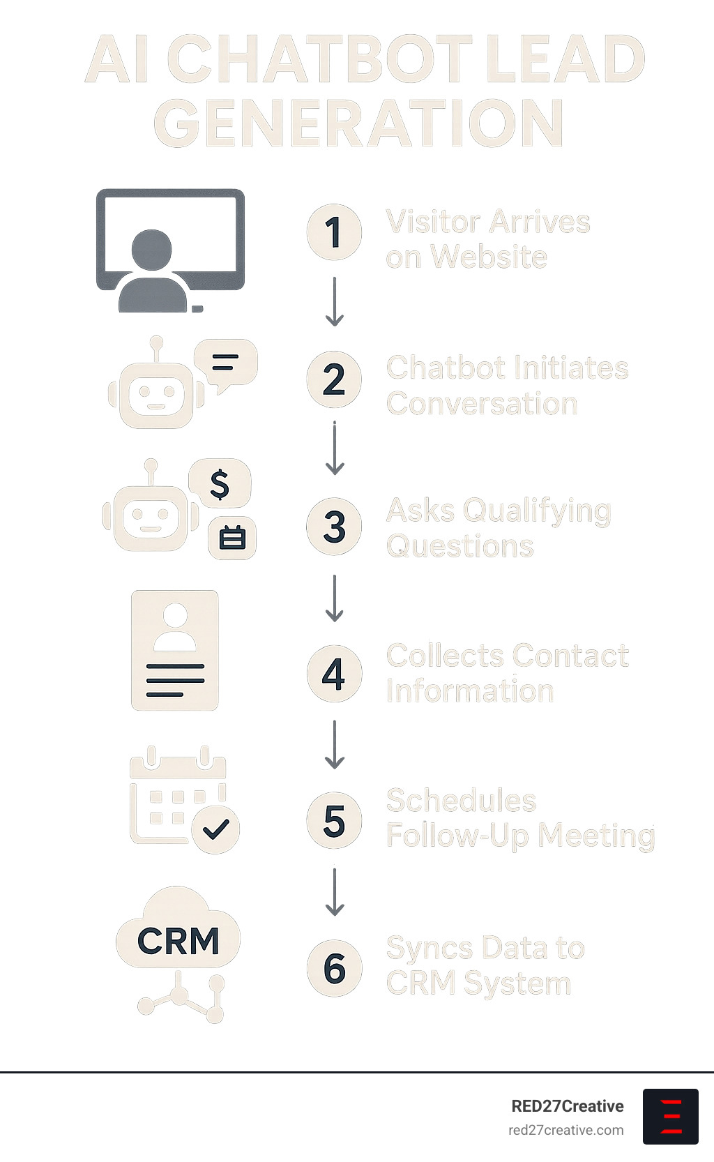 Infographic showing the step-by-step process of AI chatbot lead generation: visitor arrives on website, chatbot initiates conversation with personalized greeting, asks qualifying questions about budget and timeline, collects contact information, schedules follow-up meeting, and automatically syncs data to CRM system for sales team follow-up - AI chatbot lead generation infographic Infographic showing the step-by-step process of AI chatbot lead generation: visitor arrives on website, chatbot initiates conversation with personalized greeting, asks qualifying questions about budget and timeline, collects contact information, schedules follow-up meeting, and automatically syncs data to CRM system for sales team follow-up - AI chatbot lead generation infographic