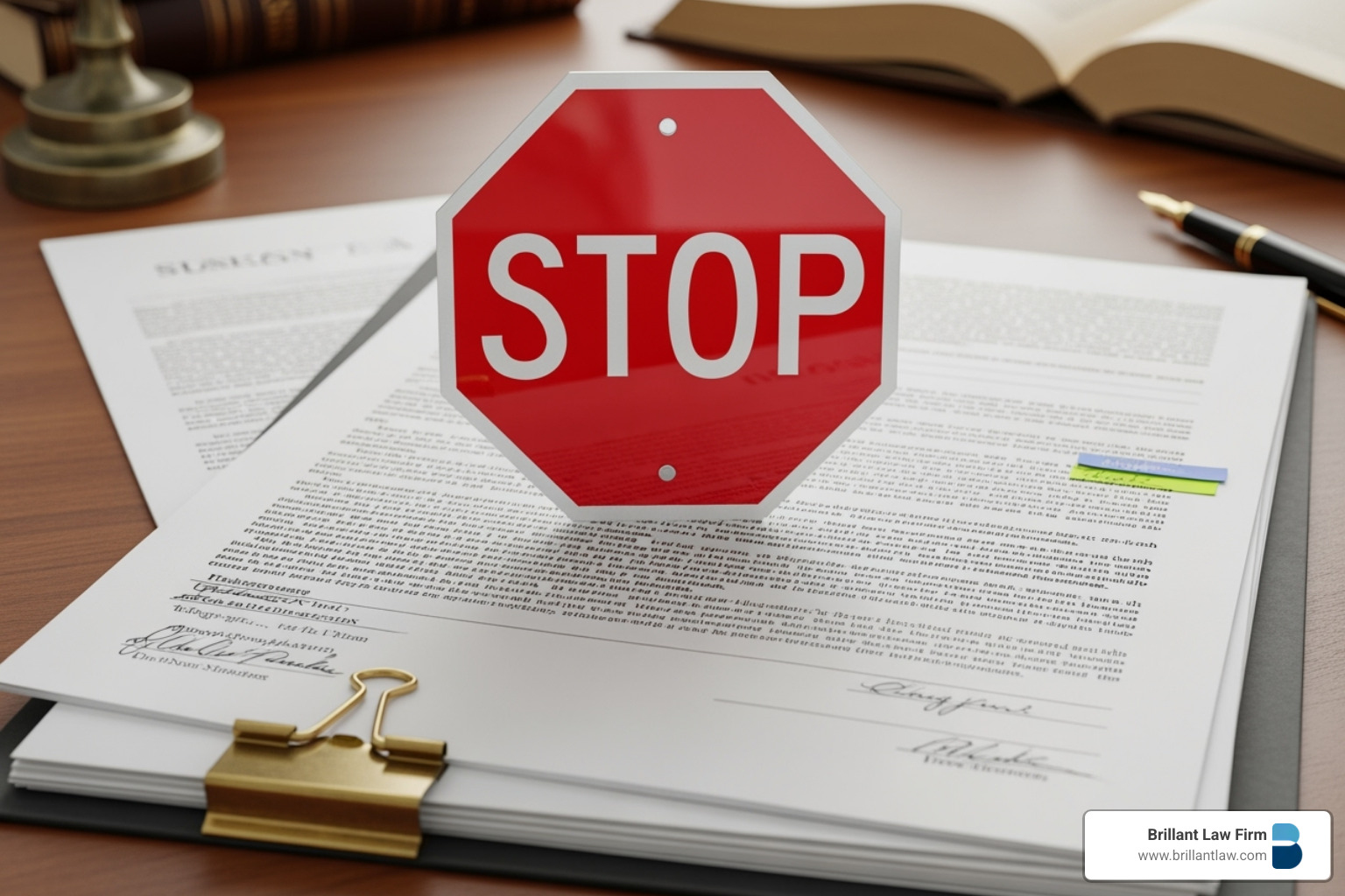A red octagonal STOP sign placed on top of a legal document, symbolizing a lawyer's ability to halt foreclosure proceedings.