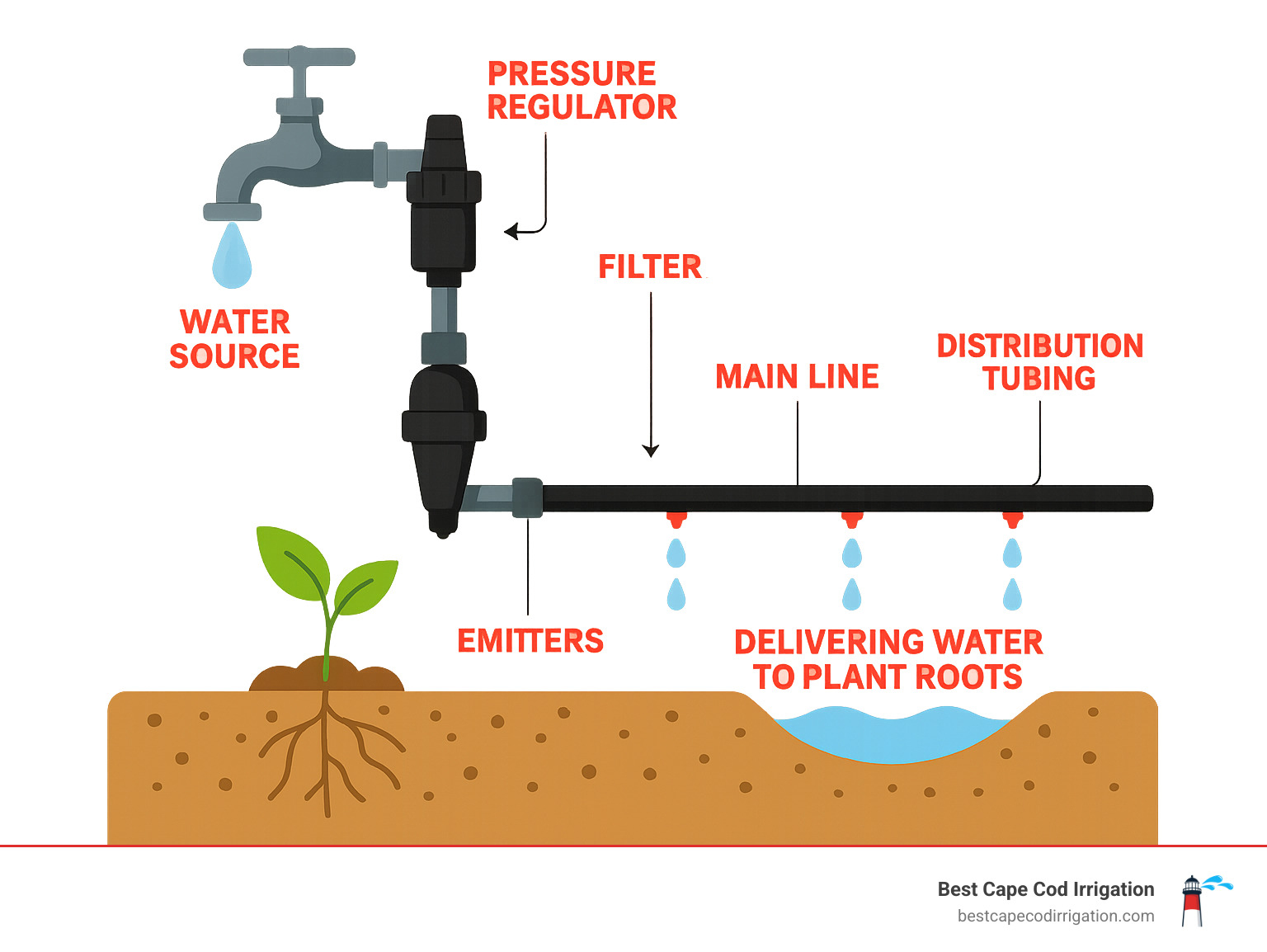 Infographic showing the main components of a home drip irrigation system from water source through pressure regulator, filter, main line, distribution tubing, and emitters delivering water to plant roots - drip system repair near me infographic 