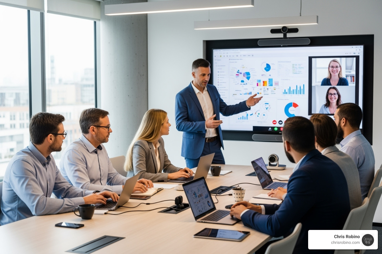 A team collaborating effortlessly in a conference room using a large display, showcasing seamless technology integration. - av tech media solutions