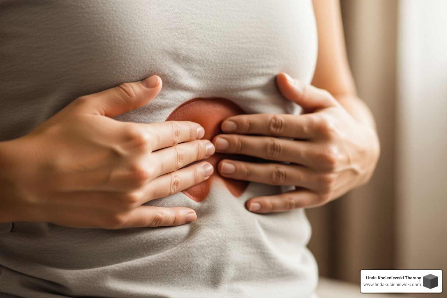 person's hands resting on diaphragm - releasing stored trauma