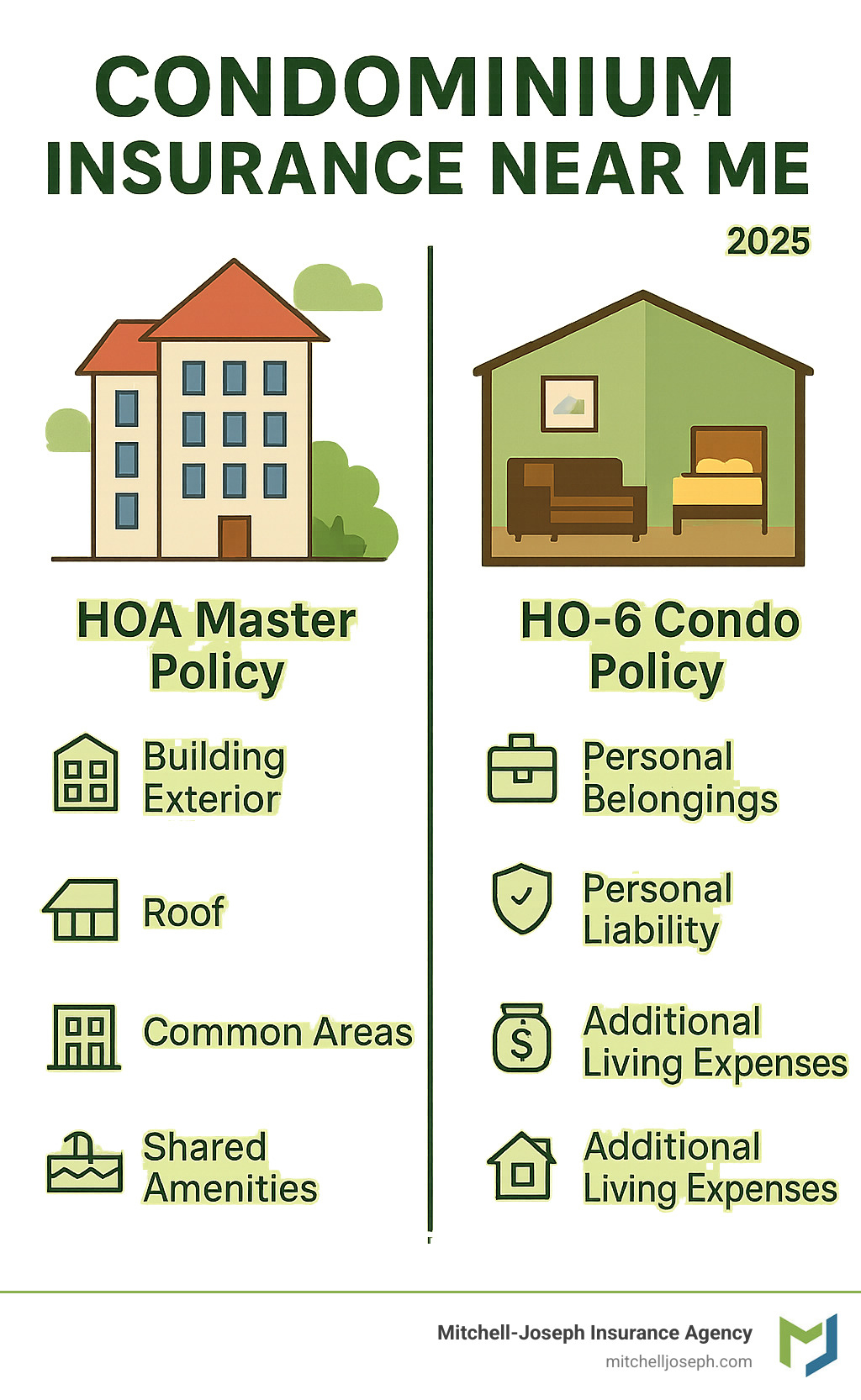 Infographic showing HOA master policy coverage on the left (building exterior, roof, common areas like lobbies and hallways, shared amenities) versus personal HO-6 condo policy coverage on the right (unit interior including walls, flooring, cabinets, personal belongings, furniture, electronics, personal liability protection, and additional living expenses) - Condominium insurance near me infographic 