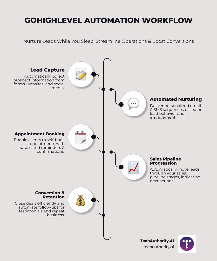 Comprehensive infographic showing Go High Level automation workflow from lead capture through email sequences, SMS follow-ups, appointment booking, and pipeline progression with conversion statistics and time-saving benefits - go high level automation infographic infographic-line-5-steps-neat_beige