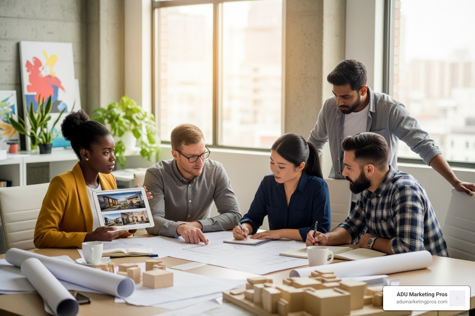 diverse group of architects collaborating around a table with blueprints and a tablet showing a website designed by ADU Marketing Pros - affordable web design for architect
