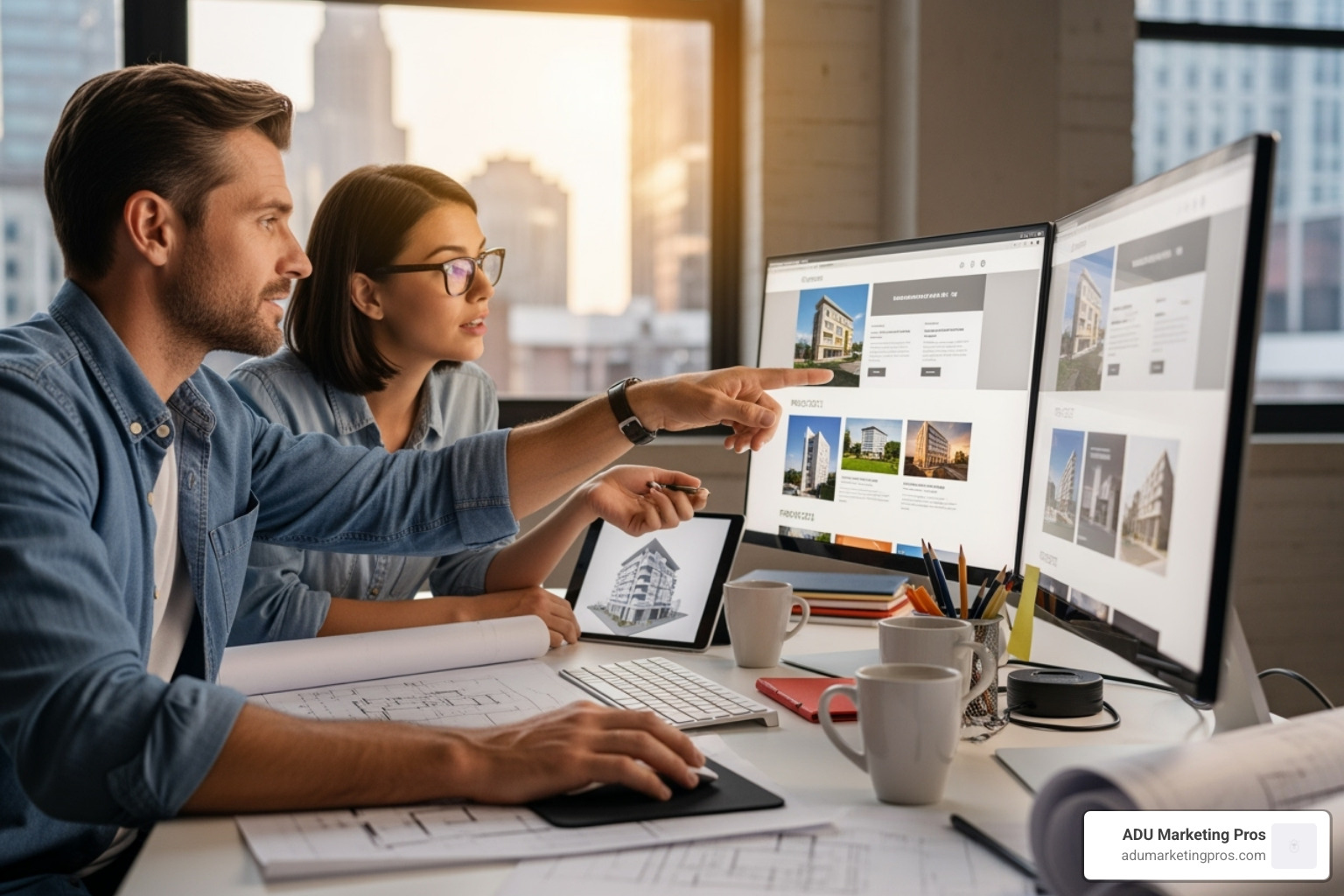architect collaborating with a web designer from ADU Marketing Pros, reviewing website design mockups - affordable web design for architect