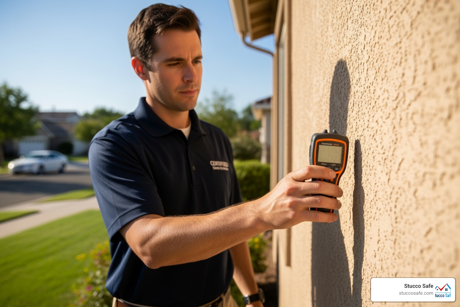 certified inspector using a moisture meter on a stucco wall - stucco insurance