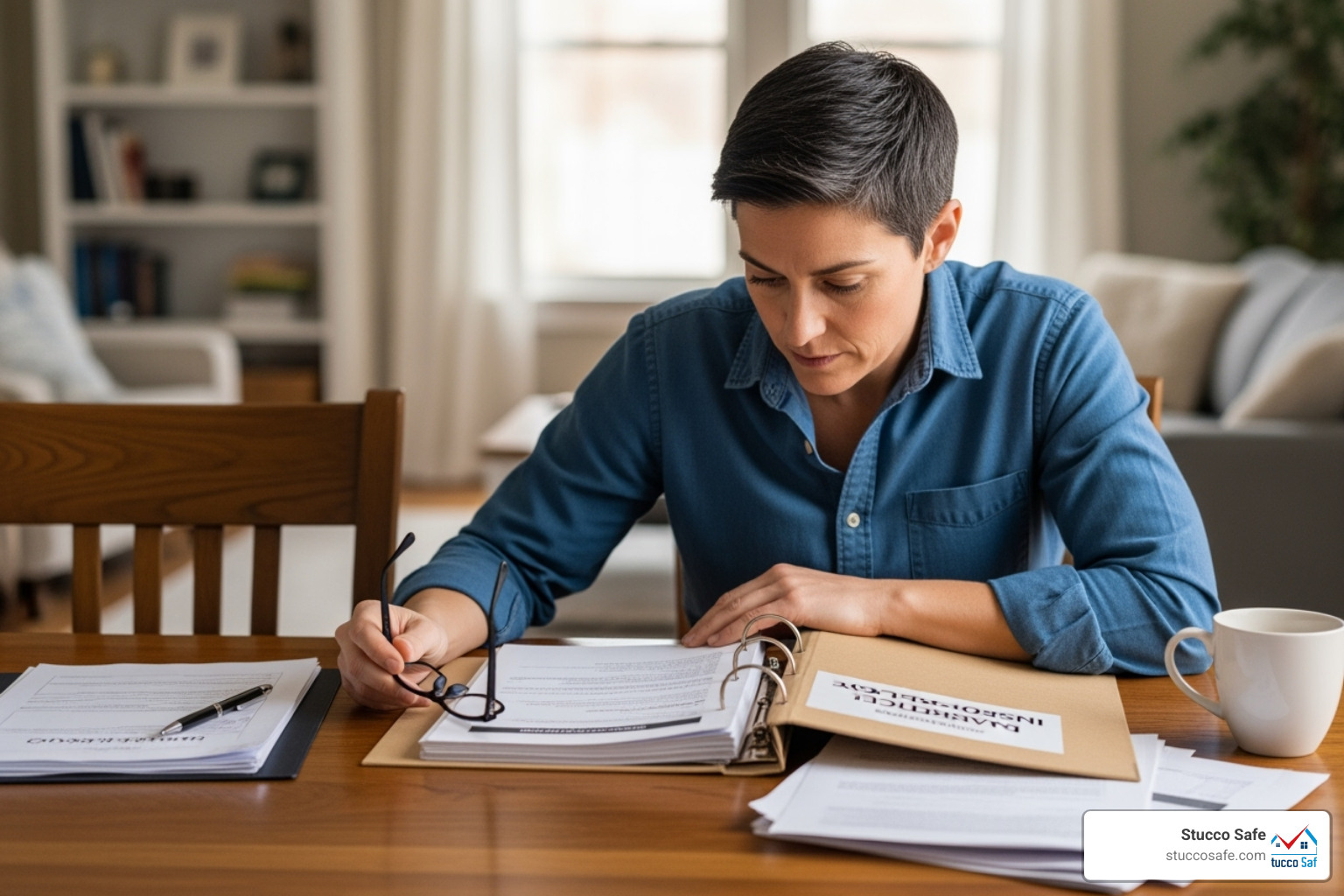 homeowner reviewing an insurance policy document - stucco insurance