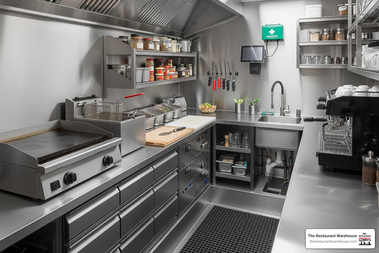A well-organized, compact food truck kitchen layout, showcasing efficient use of space with integrated appliances and storage solutions. - food truck stove for sale