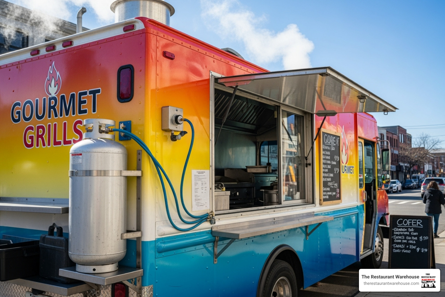 A food truck with a visible propane tank setup, indicating the fuel source for its cooking equipment. - food truck stove for sale