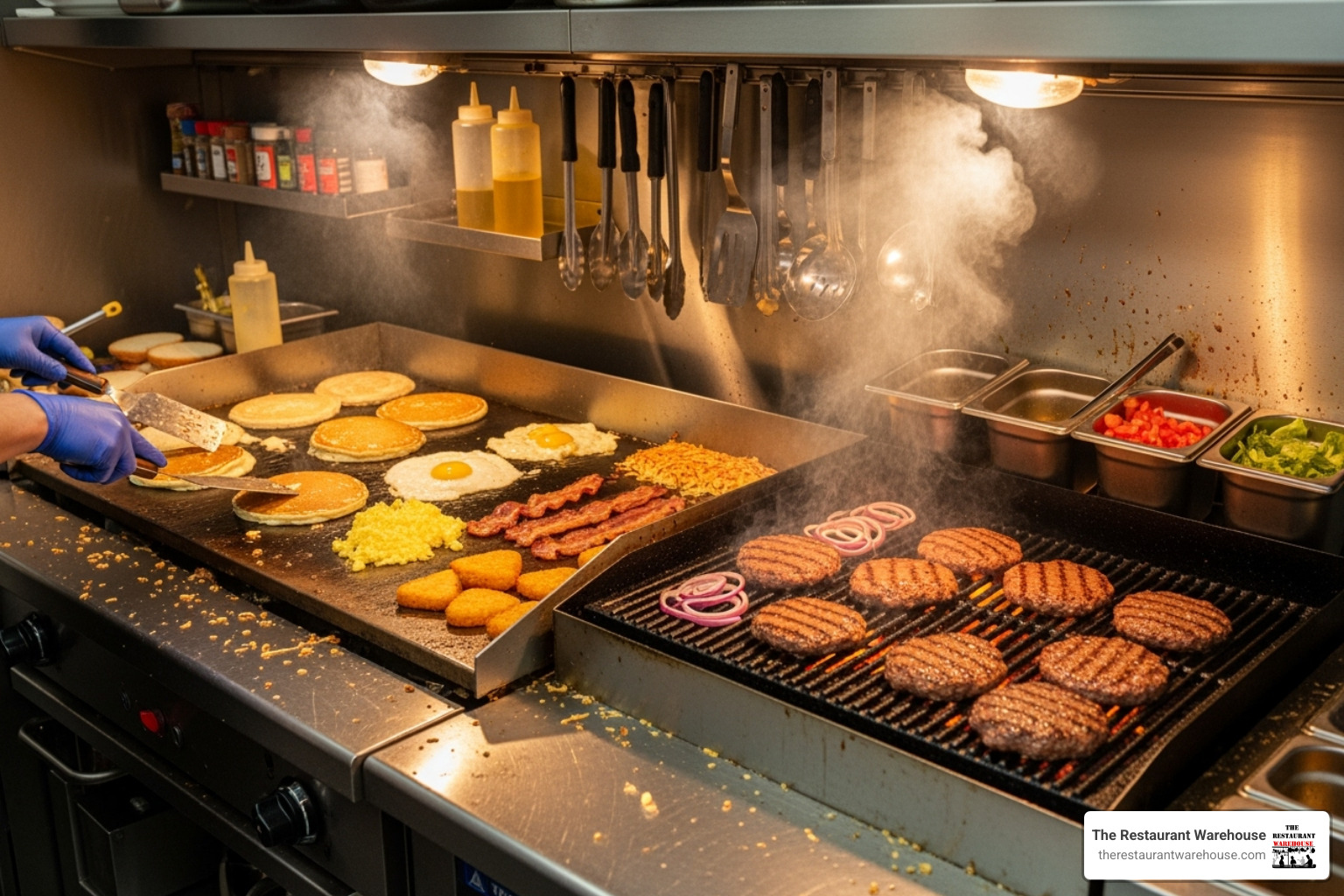 A specialized food truck kitchen setup, showcasing a griddle and charbroiler working in tandem to prepare a variety of dishes. - food truck stove for sale