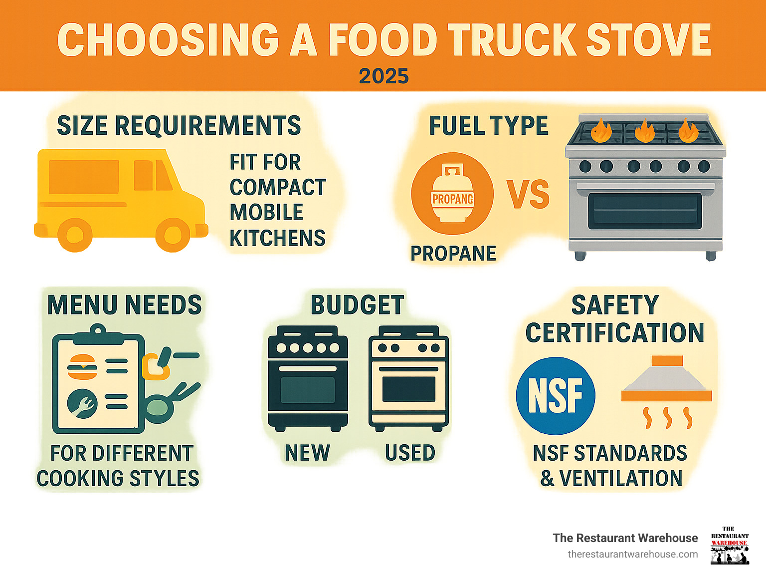 Infographic showing key factors when buying a food truck stove: Size requirements for compact mobile kitchens, fuel type comparison between propane and electric options, menu needs analysis for different cooking styles, budget considerations for new versus used equipment, and safety certification requirements including NSF standards and ventilation compatibility - food truck stove for sale infographic 