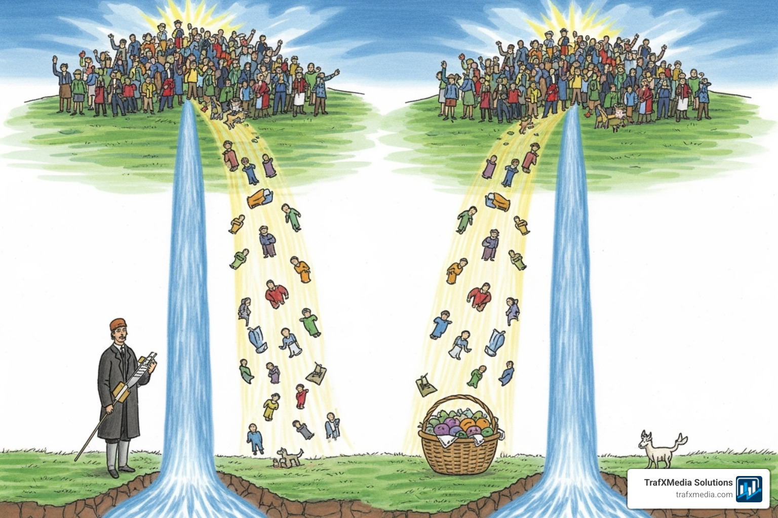 Split-test diagram showing two different ad headlines (Headline A and Headline B) being tested simultaneously to compare their click-through rates and conversion performance among target audiences. - Google ads campaign management