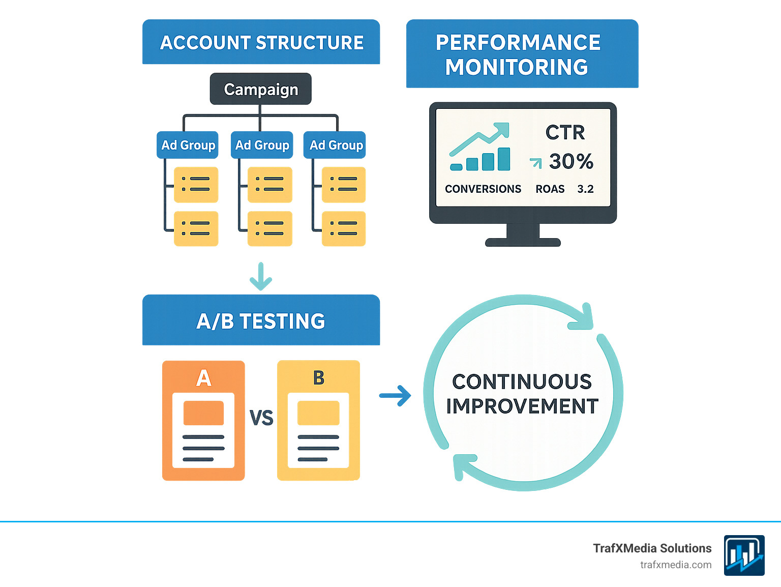 Comprehensive Google Ads campaign management workflow showing account structure with campaigns organized by product categories, ad groups containing targeted keywords, performance monitoring dashboard displaying key metrics like CTR and ROAS, A/B testing process for ad copy optimization, and continuous improvement cycle - Google ads campaign management infographic 