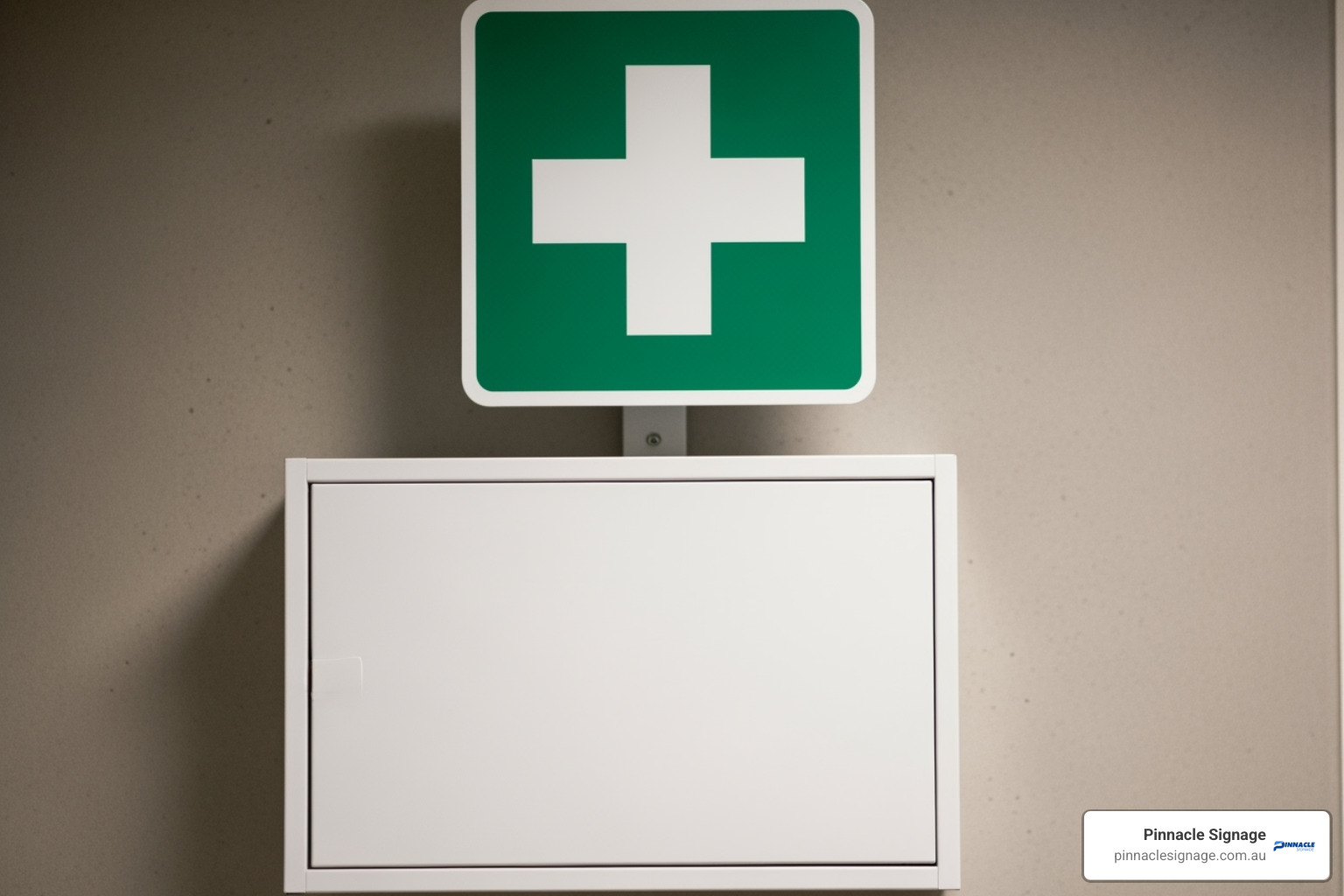 A standard "First Aid Kit" sign mounted on a wall above a kit - first aid post signs