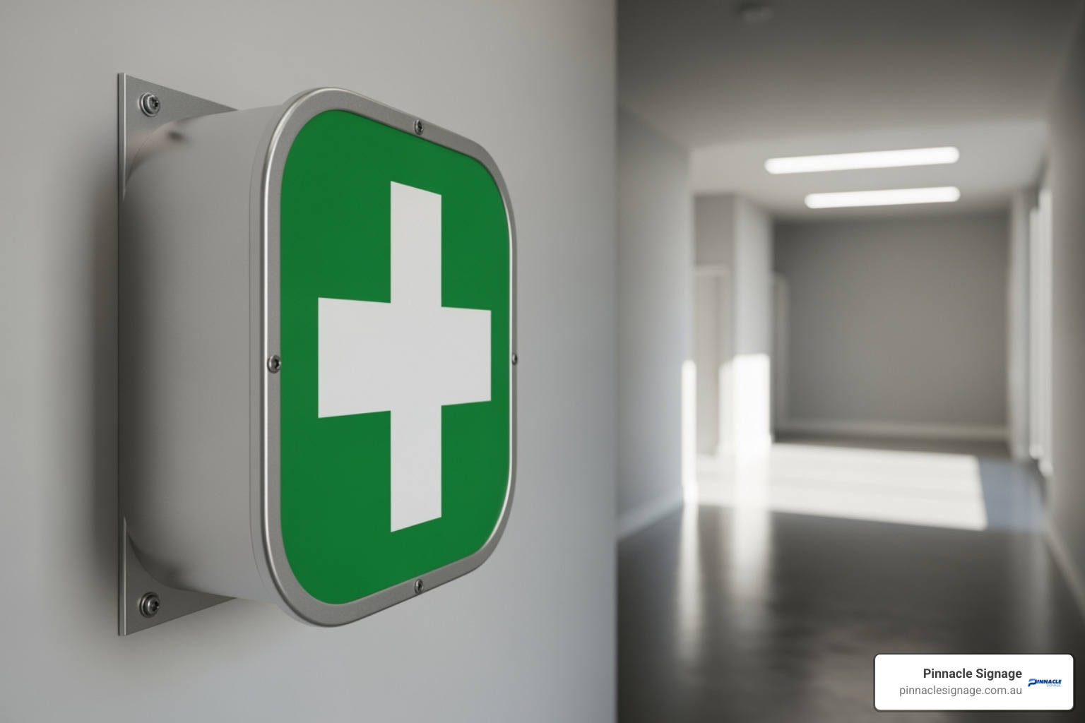 A projecting first aid sign in a well-lit hallway - first aid post signs