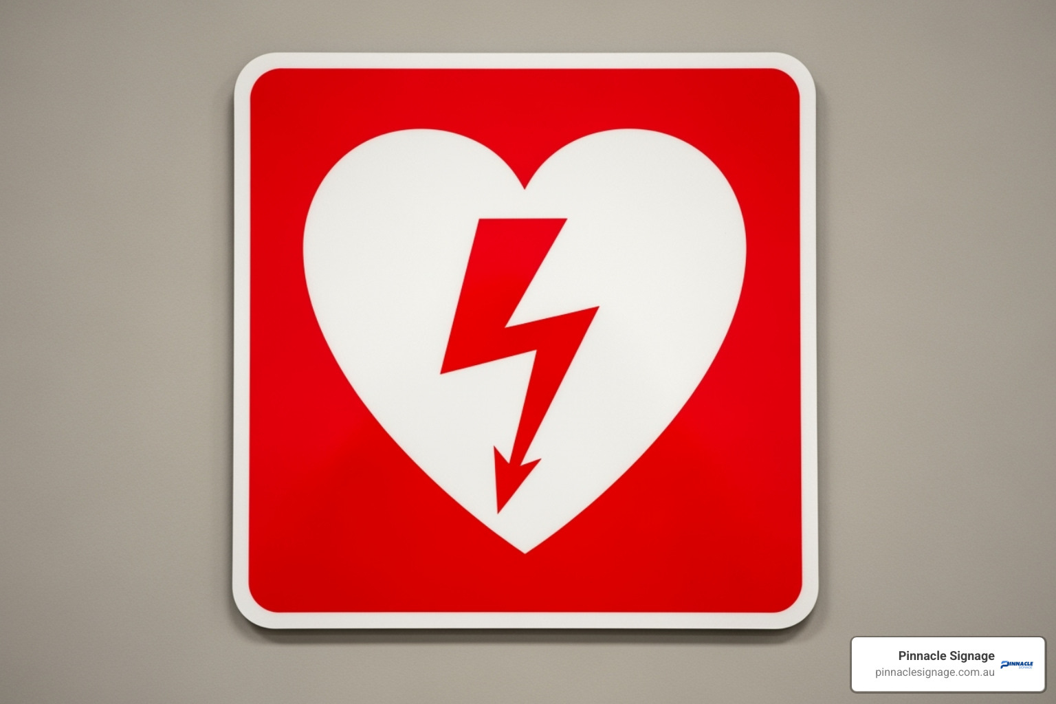A clear AED sign with the universal heart and lightning bolt symbol - first aid post signs