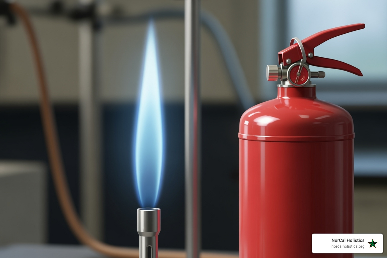 of a pale blue scientific flame next to a fire extinguisher - what is cold fire