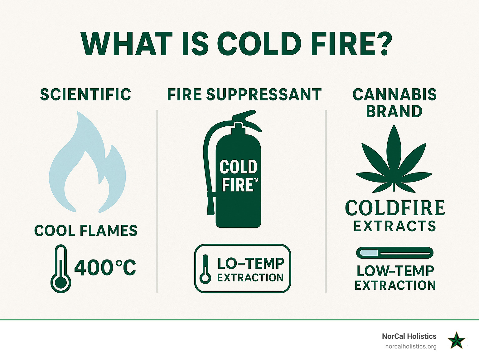 Infographic showing the three main definitions of Cold Fire: Scientific Cool Flames (pale blue flame icon with thermometer showing 400°C), Fire Suppressant Product (fire extinguisher icon with Cold Fire™ logo), and Cannabis Brand (stylized cannabis leaf with Coldfire Extracts branding and temperature gauge showing low-temp extraction) - what is cold fire infographic 
