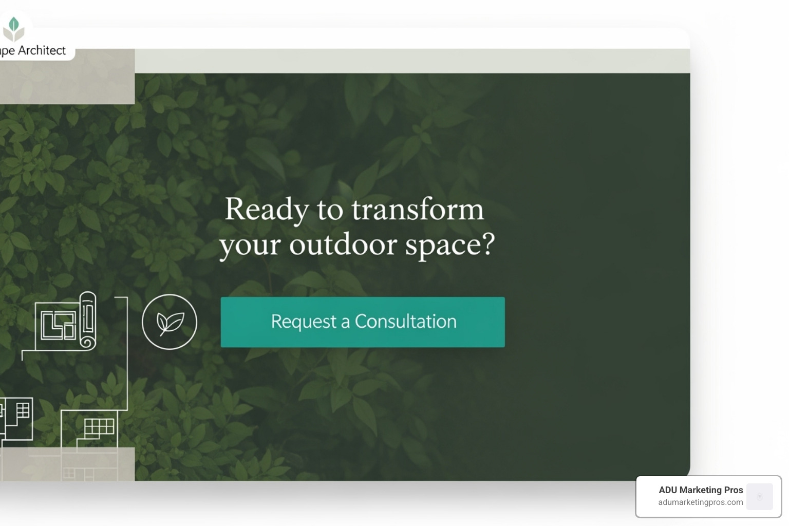 A section of a landscape architect's website with a vibrant, contrasting 'Request a Consultation' button that draws the user's eye - web design for landscape architects