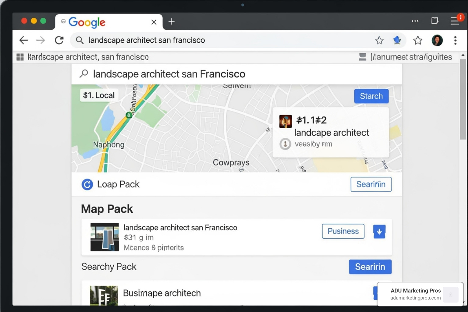 A screenshot of a Google search for 'landscape architect san francisco' showing a firm's website ranking at the top of the local map pack results - web design for landscape architects