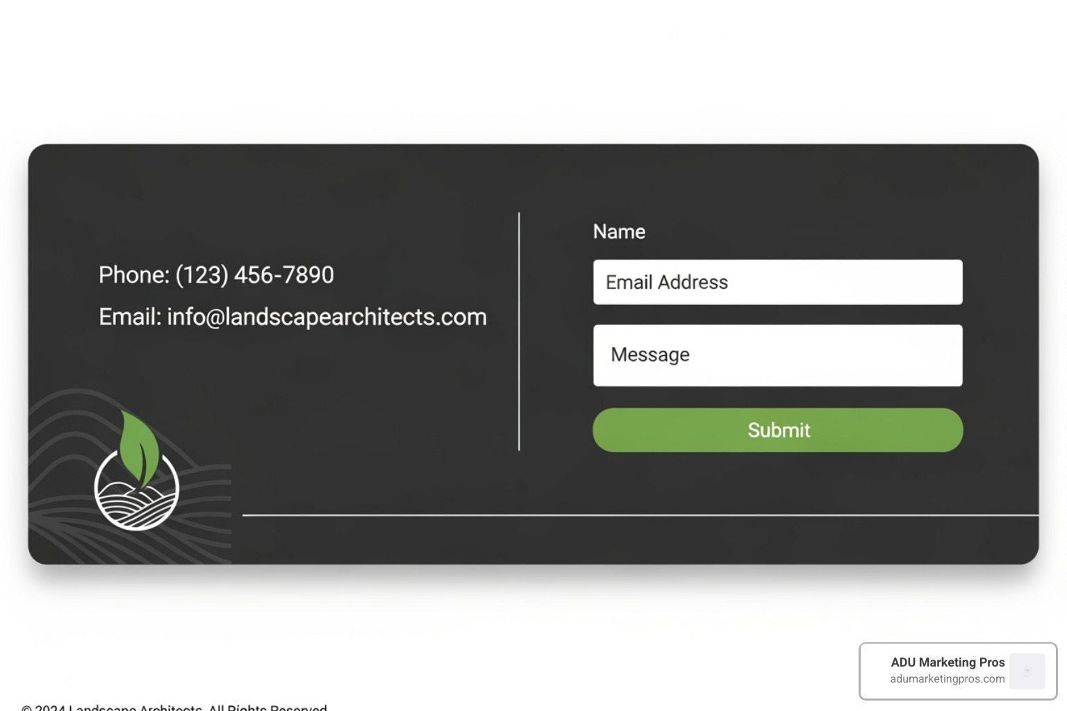 A website footer showing a clear phone number, email address, and a simple contact form, making it easy for users to get in touch - web design for landscape architects