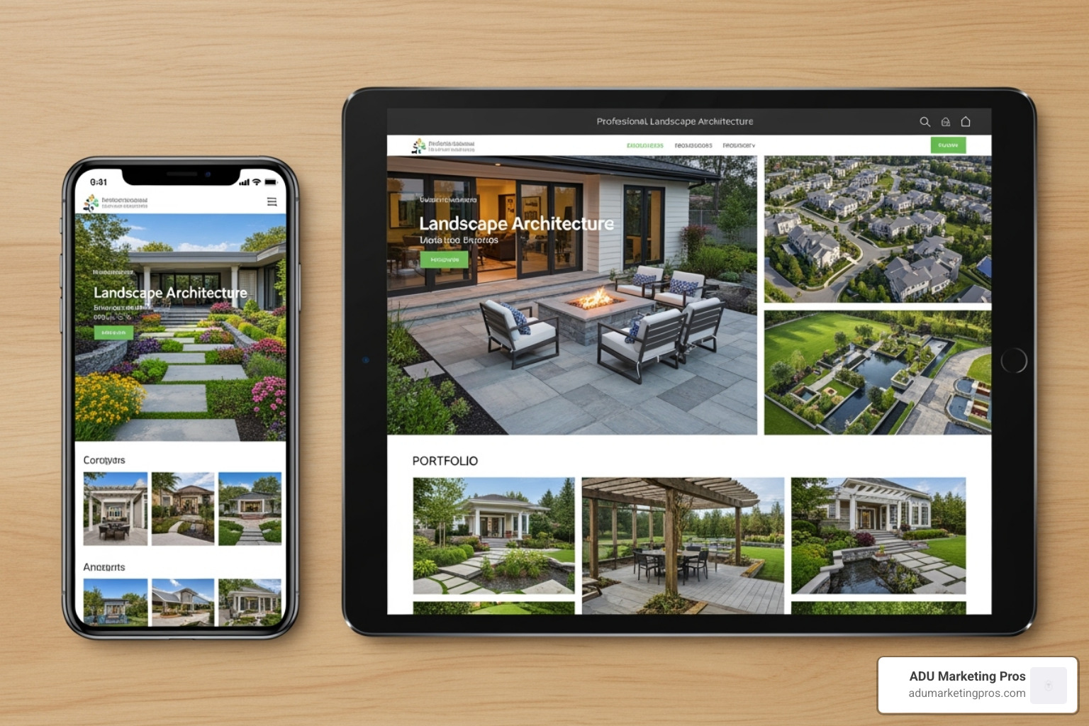 A smartphone and a tablet side-by-side, both displaying a responsive landscape architect website that adapts perfectly to each screen size - web design for landscape architects