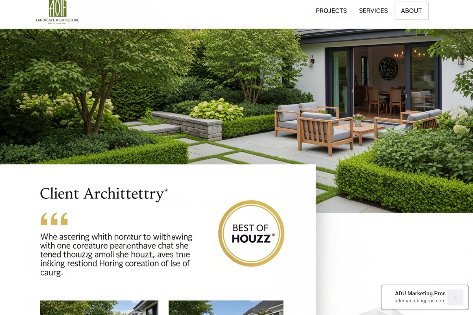 A close-up of a landscape architect's website showing a client testimonial next to a 'Best of Houzz' award badge - web design for landscape architects