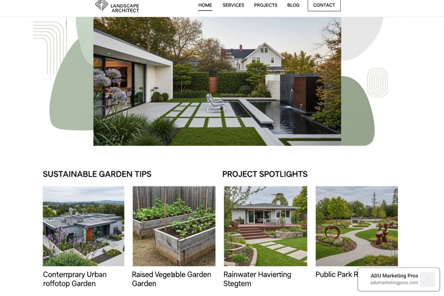 A screenshot of an engaging blog section on a landscape architect's website, with articles on 'Sustainable Garden Tips' and 'Project Spotlights' - web design for landscape architects
