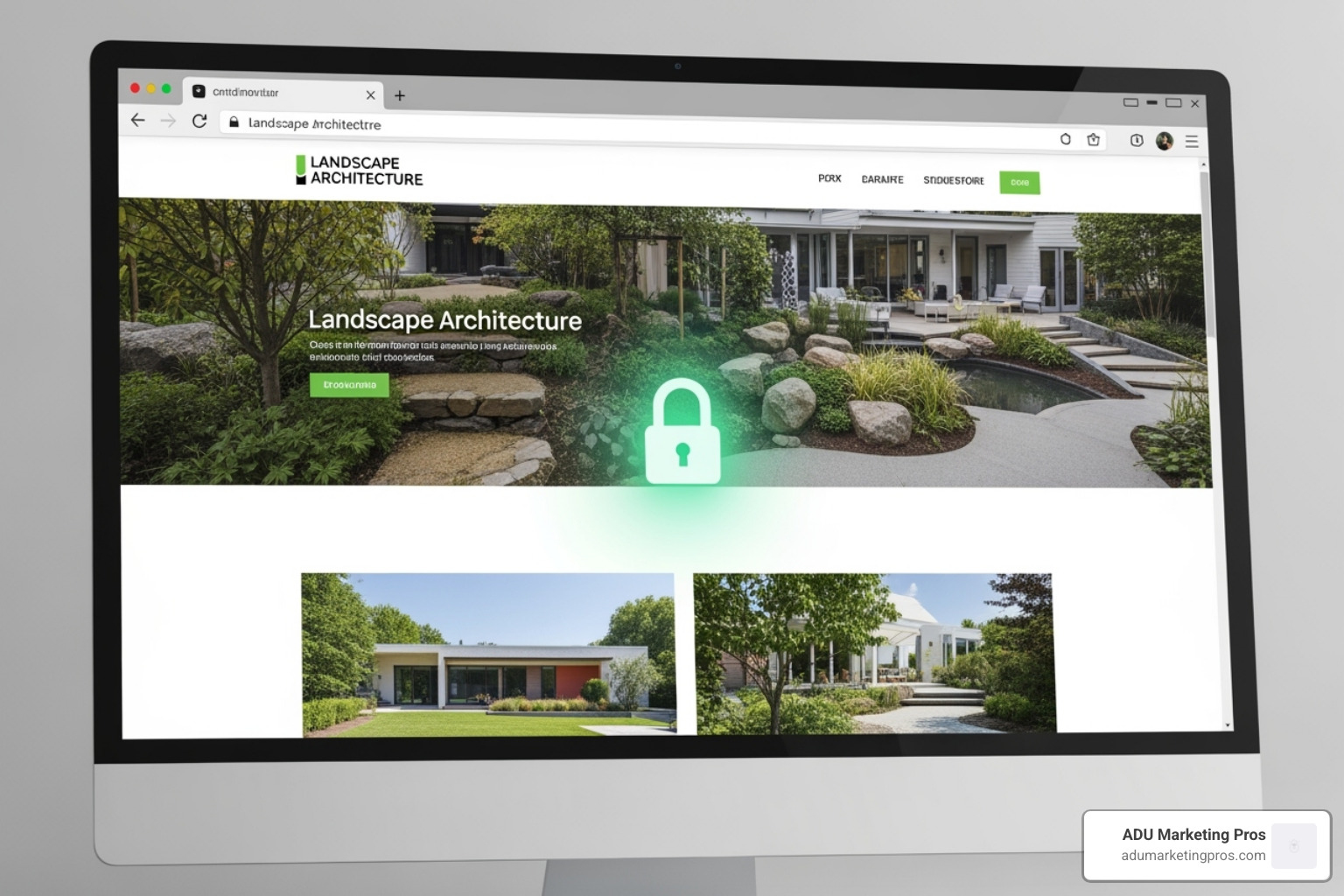 A browser address bar showing a padlock icon and 'https' indicating a secure website, with an abstract background representing clean code - web design for landscape architects