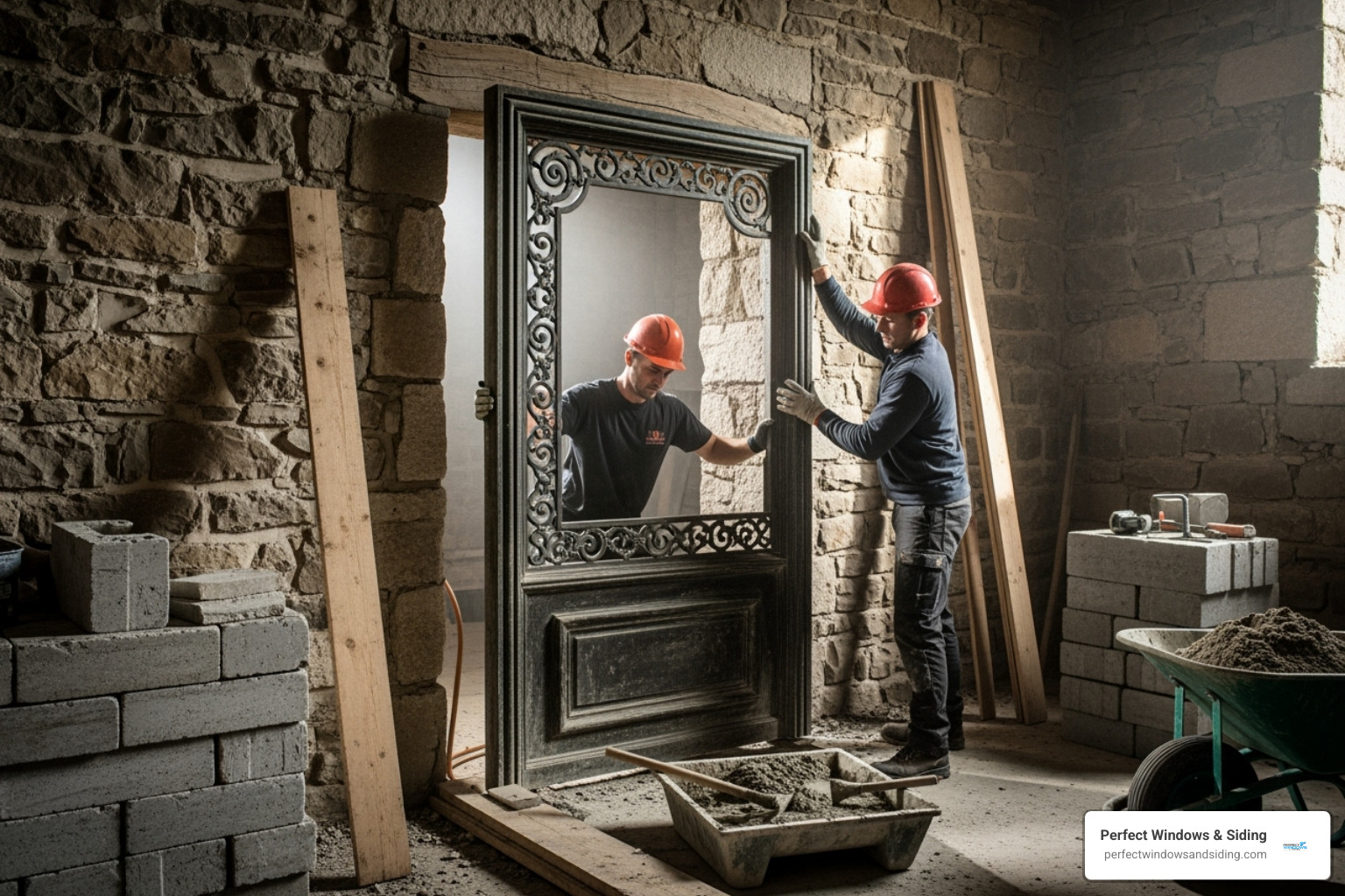 door jamb being carefully placed - install custom iron entry doors