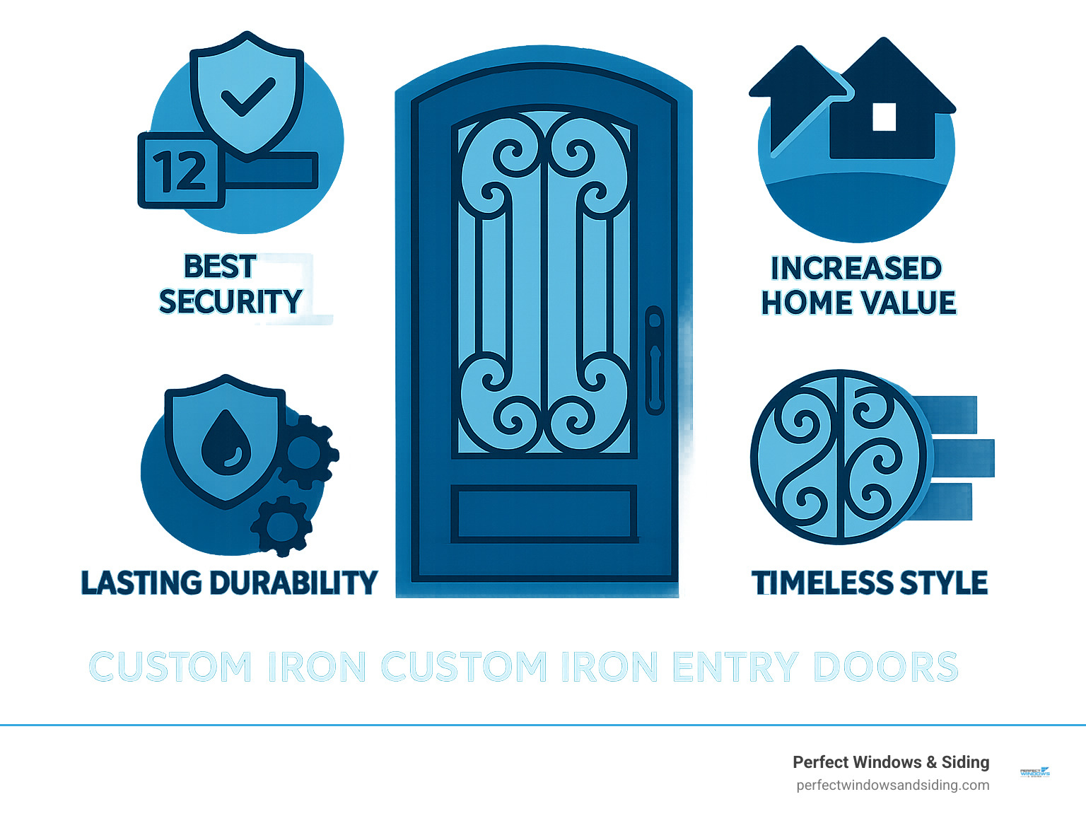 Infographic showing the four key benefits of custom iron entry doors: Best Security with solid 12-gauge steel construction and multi-point locking systems, Increased Home Value through improved curb appeal and lasting investment, Lasting Durability with rust-resistant finishes and minimal maintenance requirements, and Timeless Style with customizable designs from traditional scrollwork to modern clean lines - install custom iron entry doors infographic 