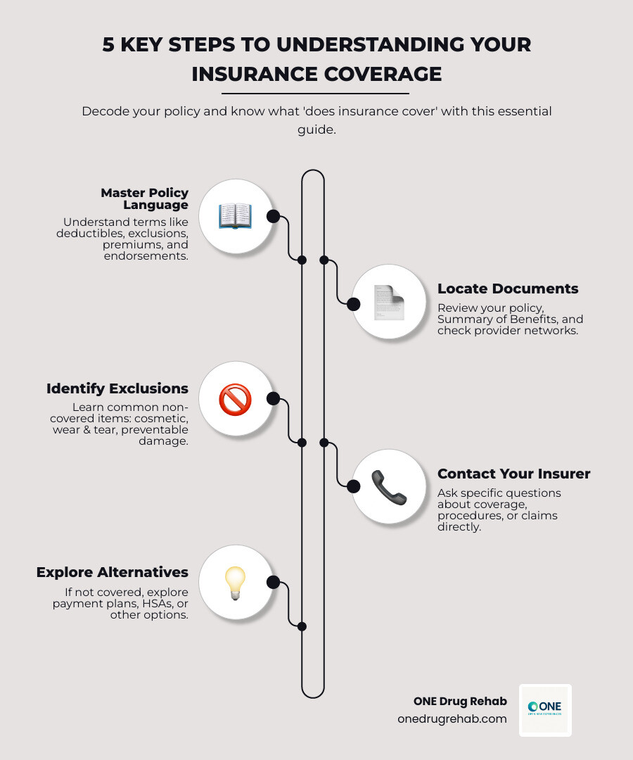 Infographic showing 5 key steps to understanding insurance coverage: Step 1 - Learn policy terms like deductibles and exclusions, Step 2 - Find your coverage documents and network providers, Step 3 - Identify what's typically excluded from coverage, Step 4 - Contact your insurer with specific questions, Step 5 - Know your options if something isn't covered - does insurance cover infographic infographic-line-5-steps-neat_beige Infographic showing 5 key steps to understanding insurance coverage: Step 1 - Learn policy terms like deductibles and exclusions, Step 2 - Find your coverage documents and network providers, Step 3 - Identify what's typically excluded from coverage, Step 4 - Contact your insurer with specific questions, Step 5 - Know your options if something isn't covered - does insurance cover infographic infographic-line-5-steps-neat_beige