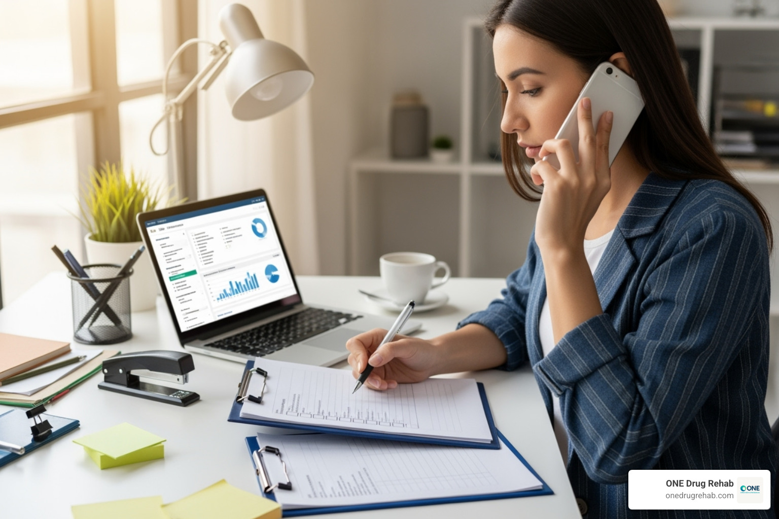 Person on the phone with a checklist - does insurance cover Person on the phone with a checklist - does insurance cover