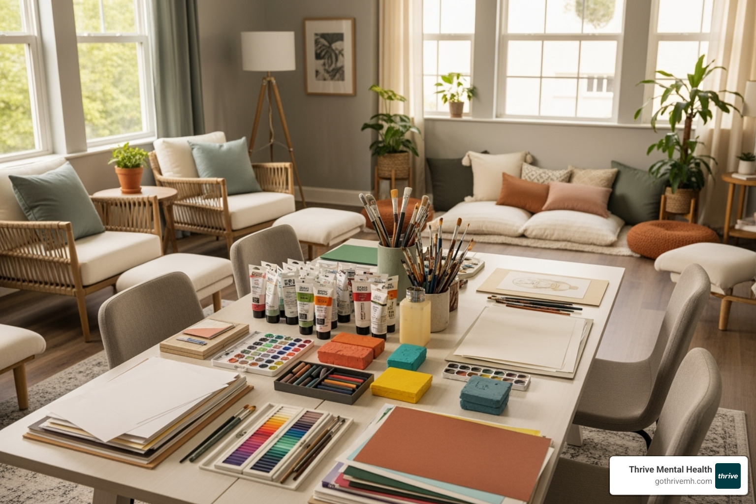 welcoming and calm therapy room with art supplies - art therapy for teenagers