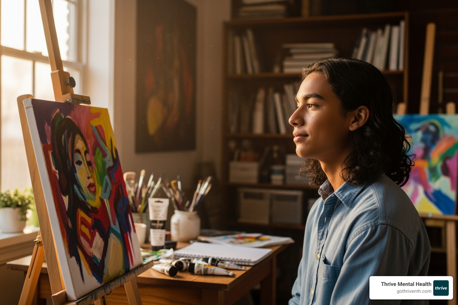 teen looking proudly at their artwork - art therapy for teenagers