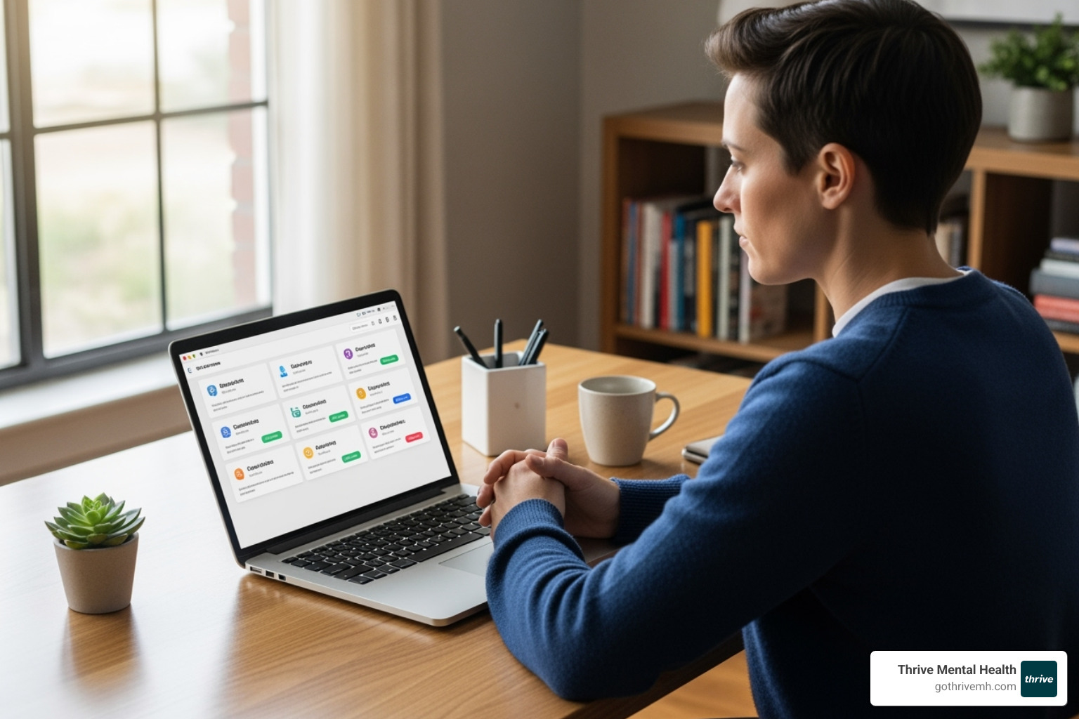 A person sits thoughtfully at a desk, looking at a computer screen with various options, symbolizing the process of carefully considering and choosing the right online therapy. - online depression therapy