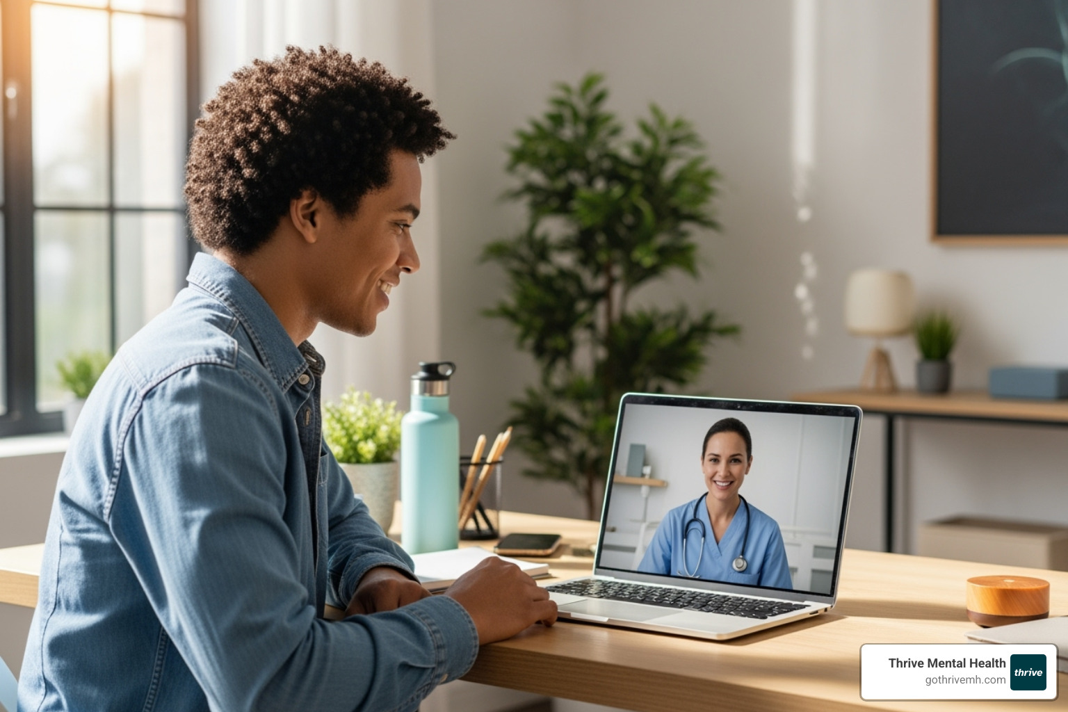 person confidently speaking with a healthcare provider on a laptop - benefits of health insurance covering mental health services