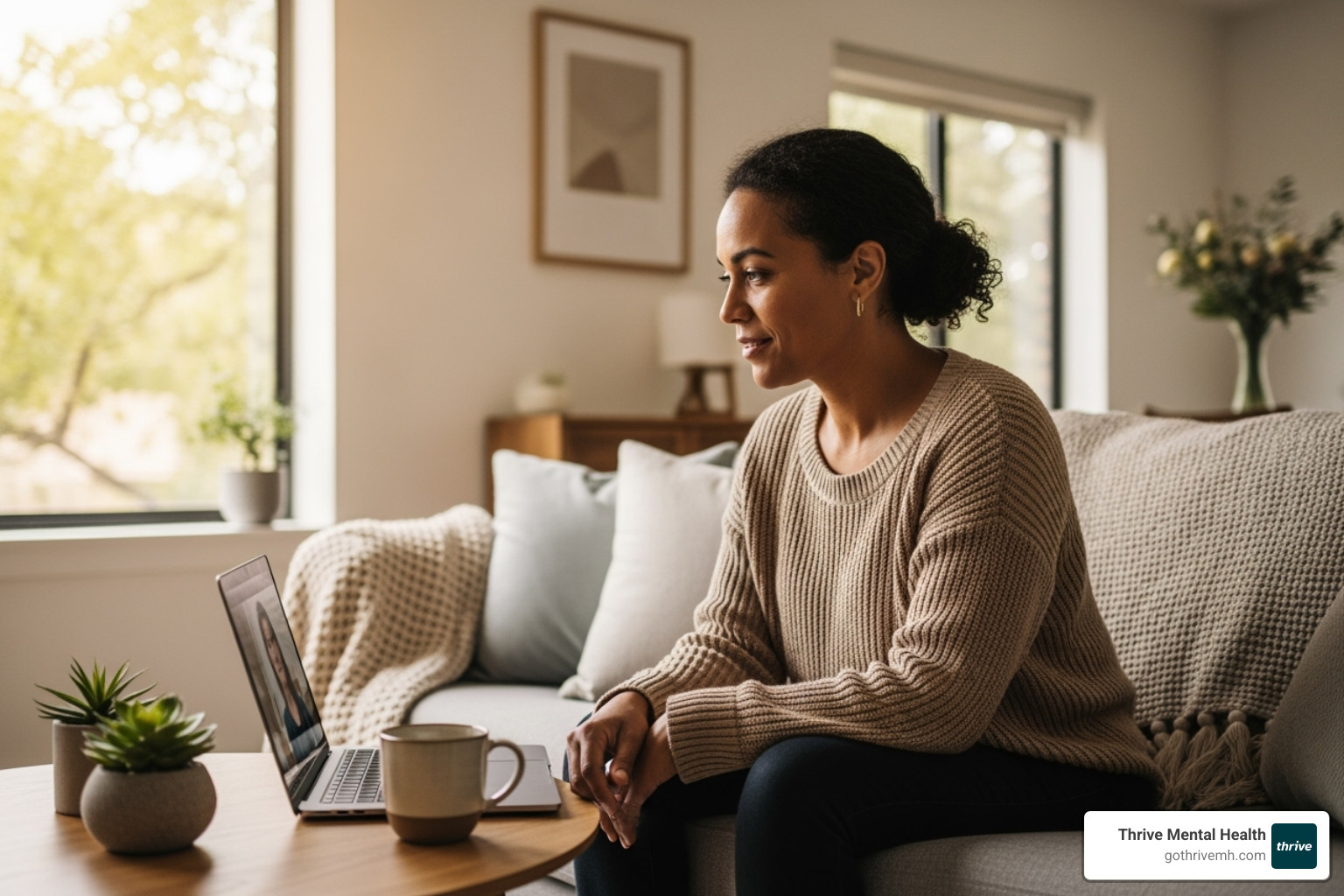 person on a laptop during a virtual therapy session - cbt