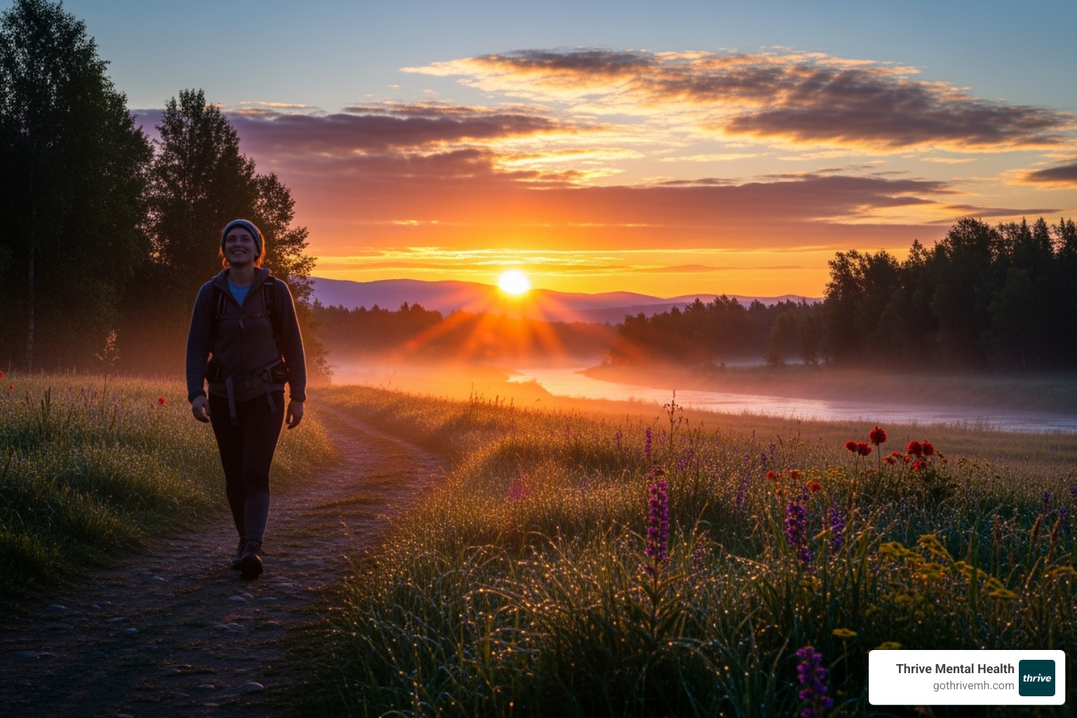 a person walking on a path toward a sunrise, symbolizing recovery - crisis intervention for suicidality