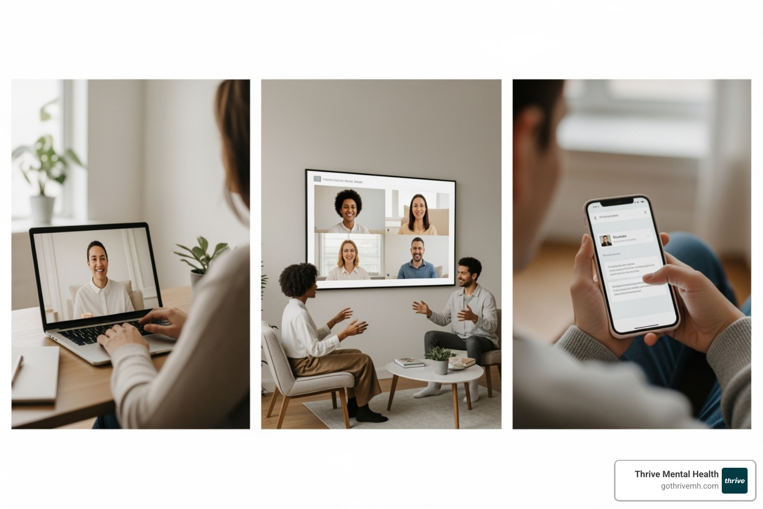 collage showing different therapy settings: individual video call, group therapy on a screen, and a person texting a therapist. - telehealth for mental health