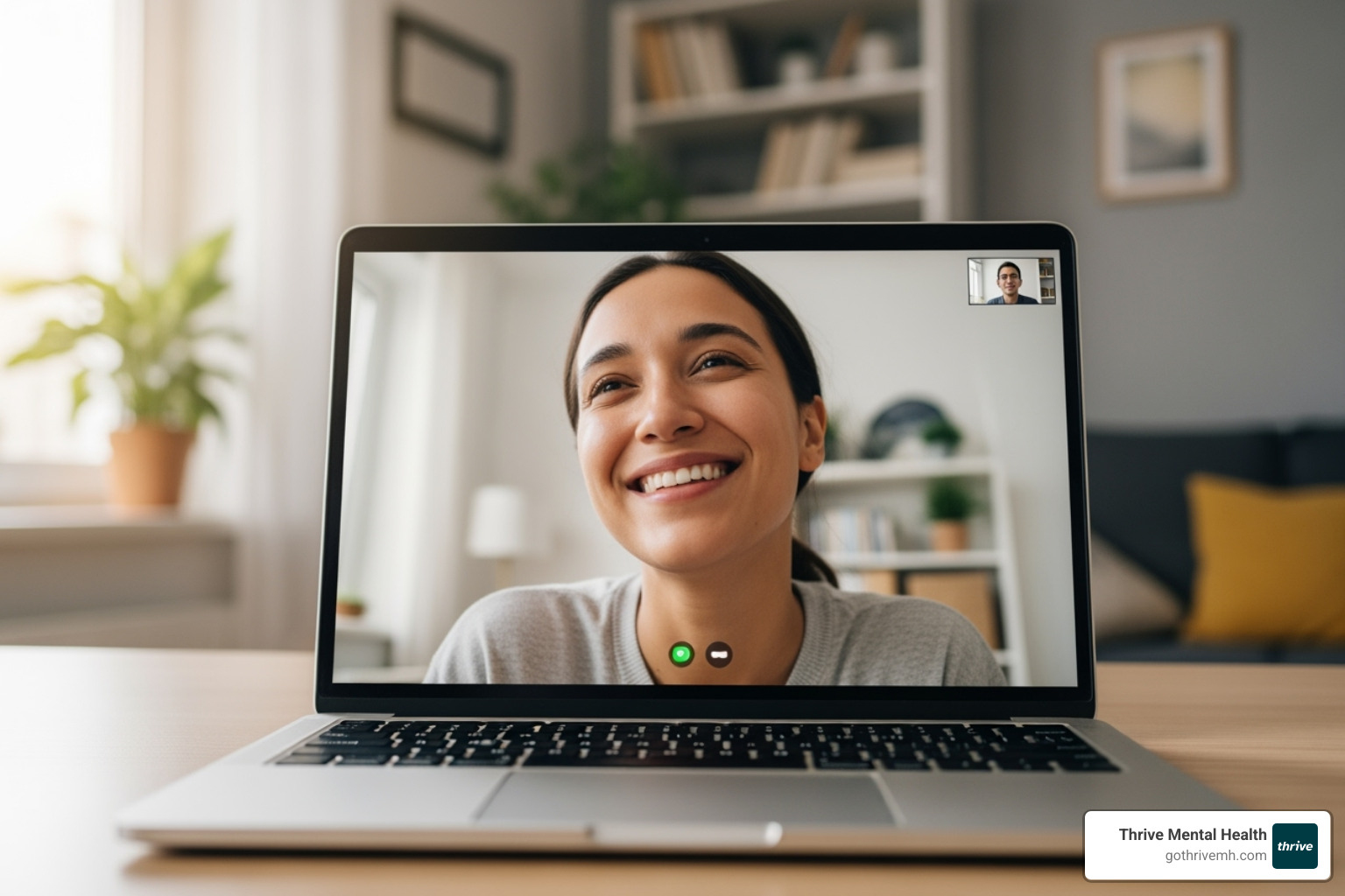 person smiling and looking relieved during a video call with a therapist. - telehealth for mental health