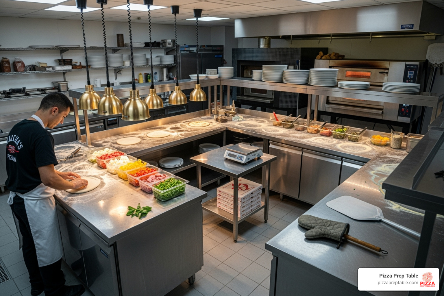 different sizes of pizza prep tables in a kitchen layout - pizza make table