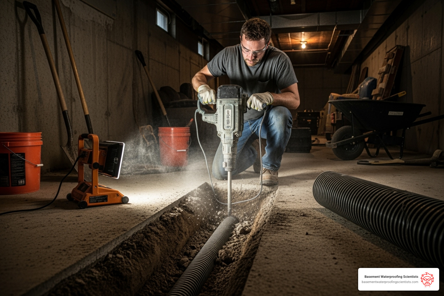 professional installing an interior drain tile system in a basement - drain tile for basement