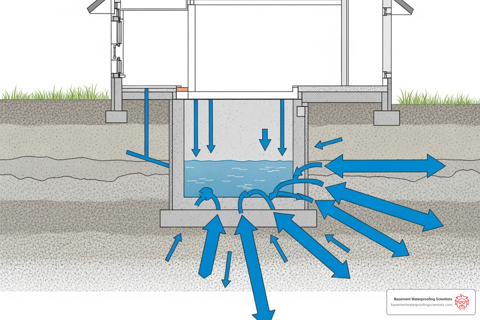 cross-section of a foundation showing hydrostatic pressure - drain tile for basement