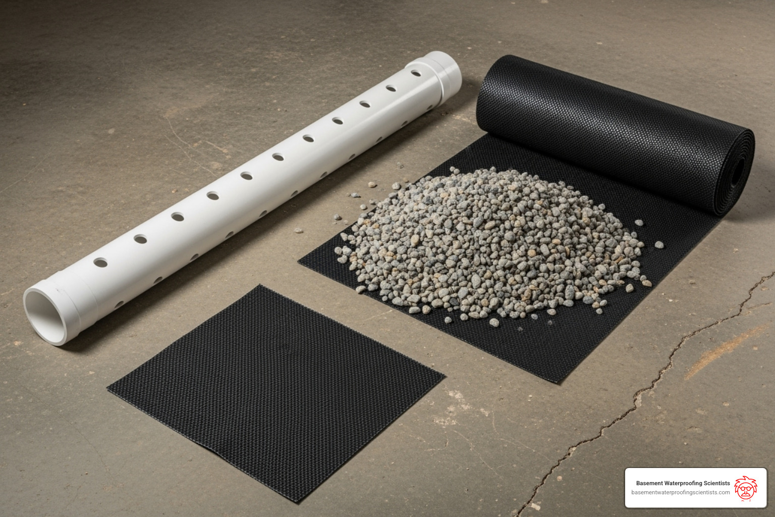 components of an interior drain tile system laid out - drain tile for basement