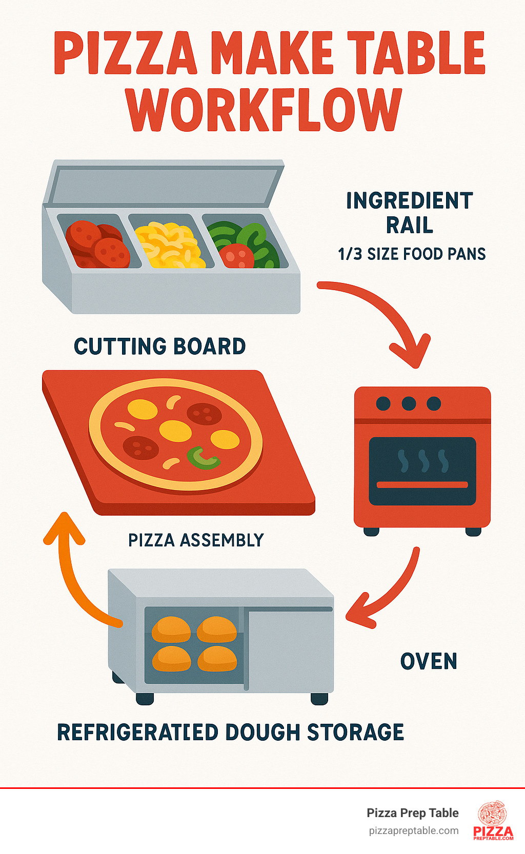 Infographic showing pizza make table workflow: refrigerated dough storage in base compartment, ingredient rail with 1/3 size food pans containing toppings like pepperoni, cheese, vegetables, deep cutting board for pizza assembly, and arrows showing efficient movement from prep to oven - pizza make table infographic 