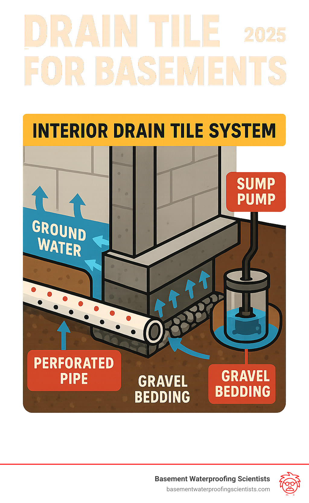 Comprehensive infographic showing cross-section view of basement with interior drain tile system installation, including perforated pipes along foundation perimeter, gravel bedding, sump pump connection, and water flow arrows demonstrating how groundwater is collected and redirected away from foundation - drain tile for basement infographic 
