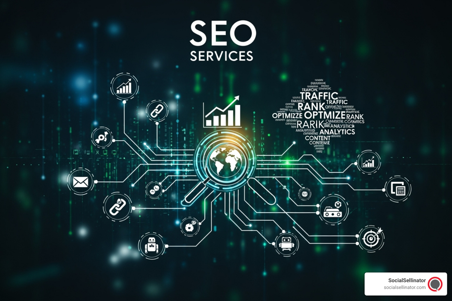 A digital dashboard showing key SEO metrics such as organic traffic growth, keyword rankings, conversion rates, and lead generation over time - SEO Services